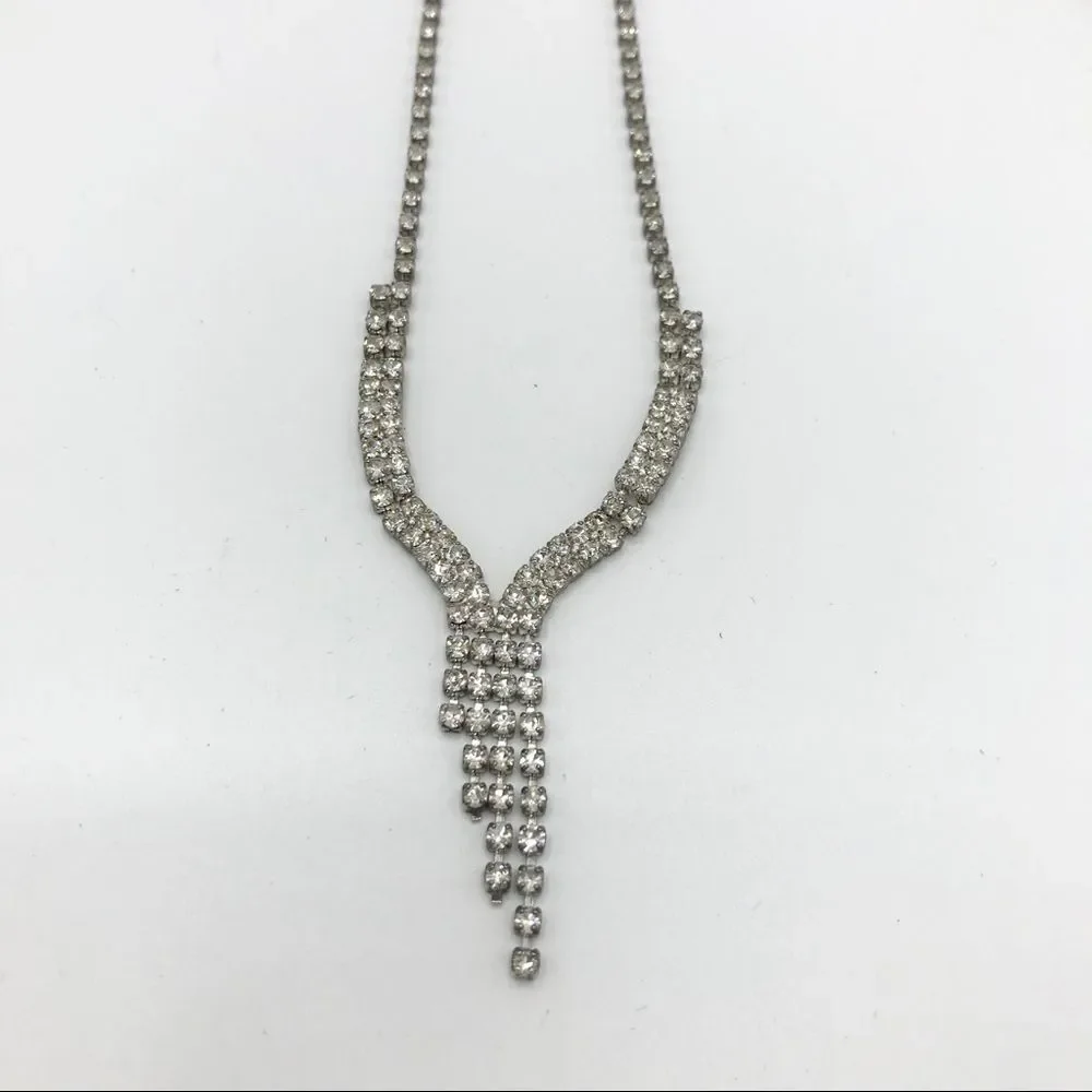Vintage Necklace Rhinestone Silver Tone Y Drop